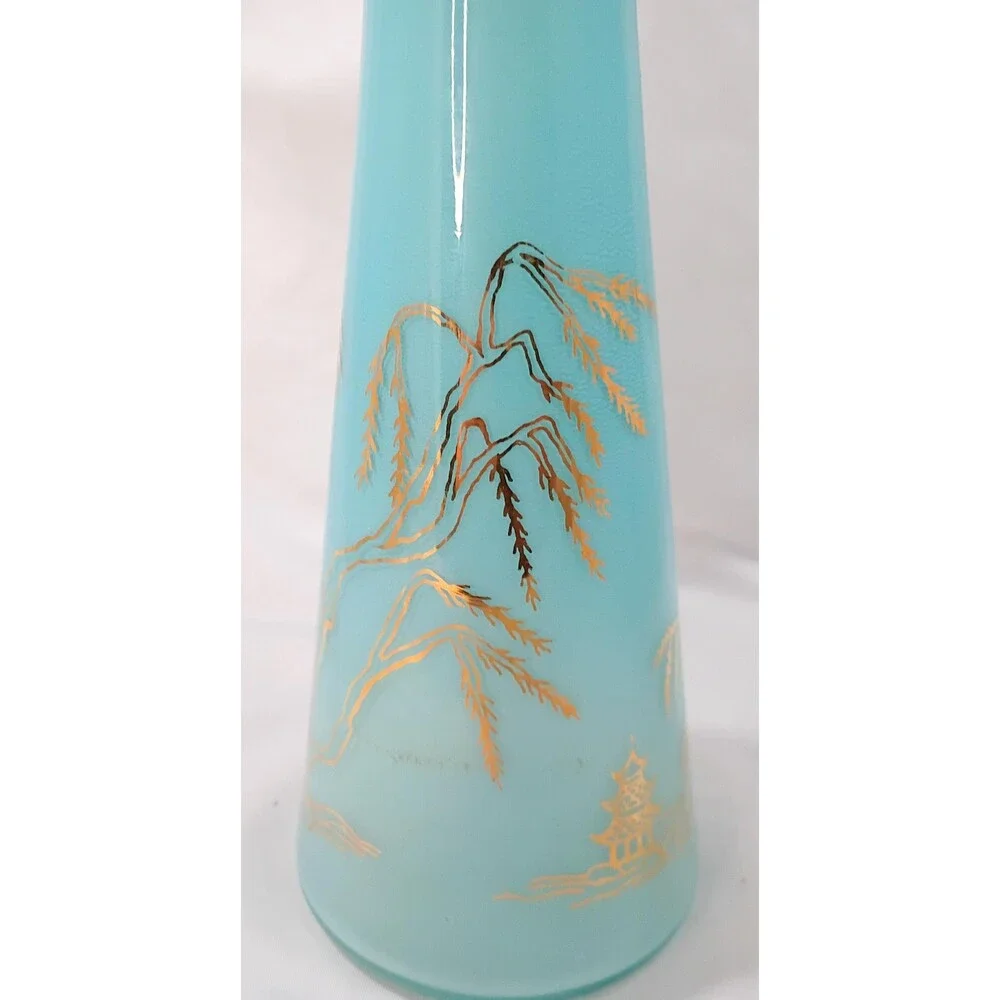 Vintage Asian Aqua Blue Vase with Gold Paint by Bartlett Collins